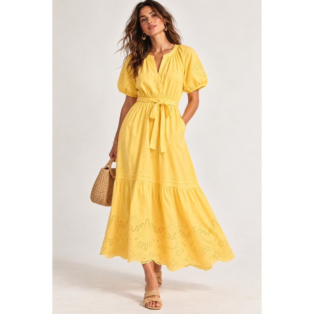 Daniel Rainn Yellow Puff Sleeve Eyelet Maxi Dress Womens Size Medium NWT